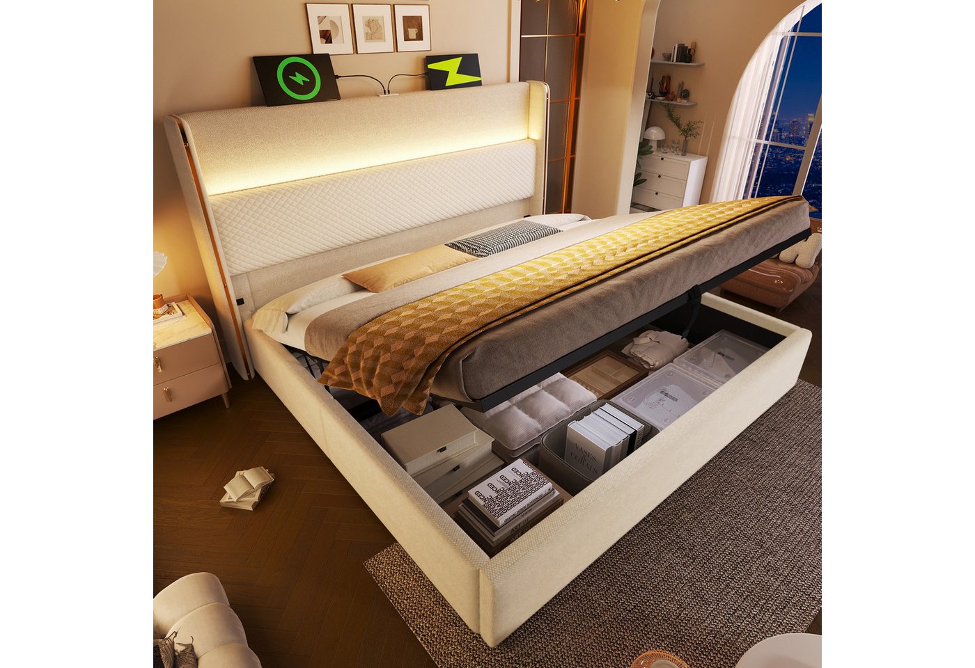 STILVORA Polsterbett 180x200 mit Bettkasten,Stauraumbett Bettgestell mit LED&USB+TYPE-C von STILVORA