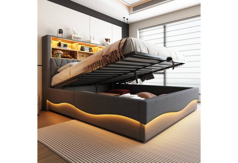 STILVORA Polsterbett 180x200 mit LED-Licht&USB,Jugendbett Doppelbett mit Lattenrost,Grau (mit Hydraulischem Stauraum, APP-gesteuertes LED-Lichtband, USB-Ladeanschluss, Leinenbezug, Platzsparendes Bett mit Stauraum für Bücher und Bettzeug, 180x200 cm), ohne Matratze STILVORA Polsterbett 180x200 mit LED-Licht&USB,Jugendbett Doppelbett mit Lattenrost,Grau (mit Hydraulischem Stauraum, APP-gesteuertes LED-Lichtband, USB-Ladeanschluss, Leinenbezug, Platzsparendes Bett mit Stauraum für Bücher und Bettzeug, 180x200 cm), ohne Matratze von STILVORA