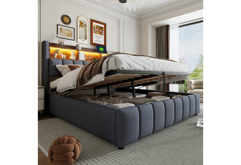 STILVORA Polsterbett 180×200 mit bettkasten,Funktionbett mit LED und USB,Stauraumbett (mit Kopfteil Einlegeböden, mit LED-Beleuchtung & USB-Anschluss, 180 x 200 cm), ohne Matratze von STILVORA