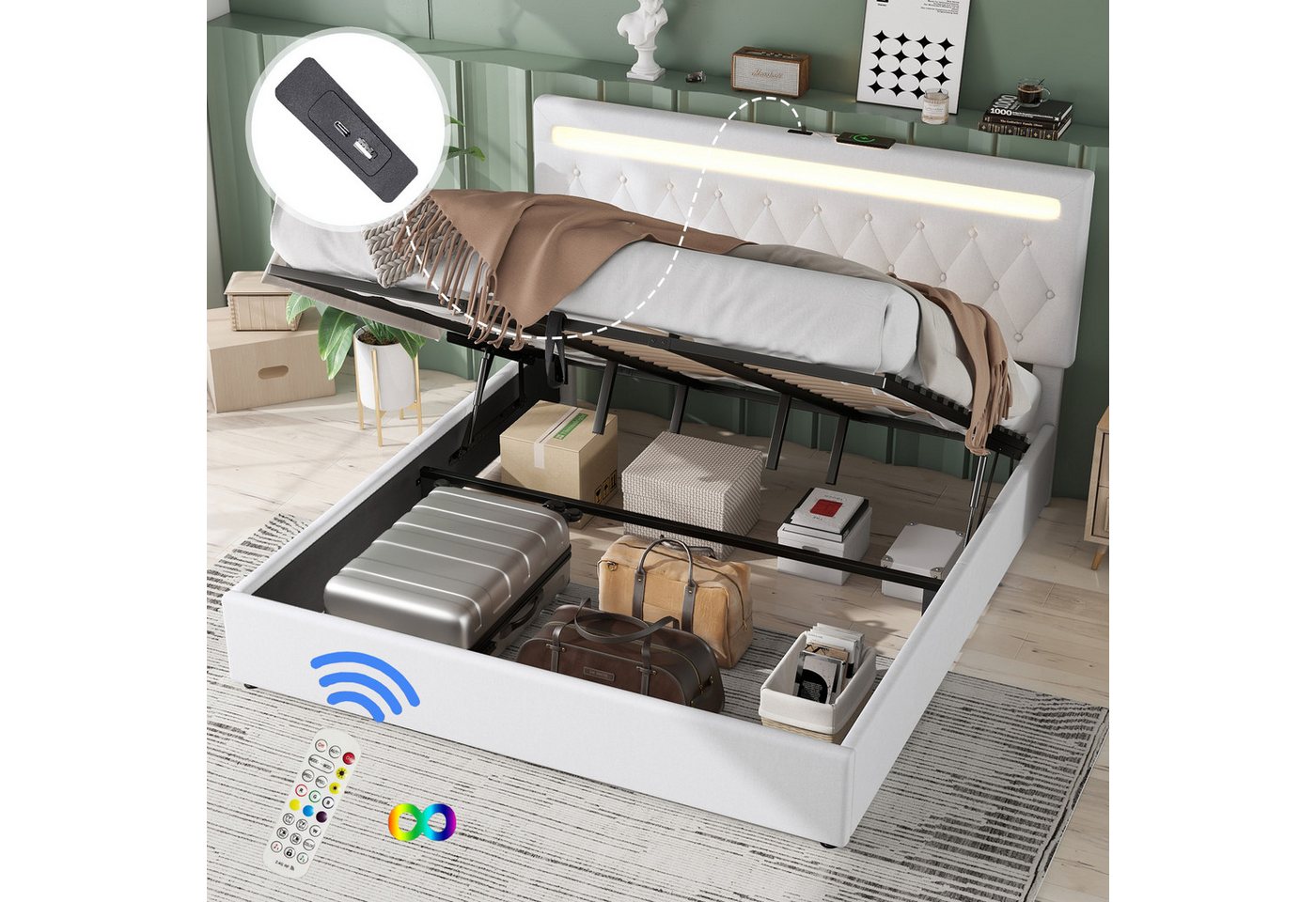 STILVORA Polsterbett 180×200 mit bettkasten,Funktionsbett mit LED& Steckdose,ohne matratze (hydraulisches Bett mit Hebemechanismus, farbwechselndes Umgebungslicht, Fernbedienung, USB-Anschluss 180 x200 cm), ohne Matratze STILVORA Polsterbett 180×200 mit bettkasten,Funktionsbett mit LED& Steckdose,ohne matratze (hydraulisches Bett mit Hebemechanismus, farbwechselndes Umgebungslicht, Fernbedienung, USB-Anschluss 180 x200 cm), ohne Matratze von STILVORA