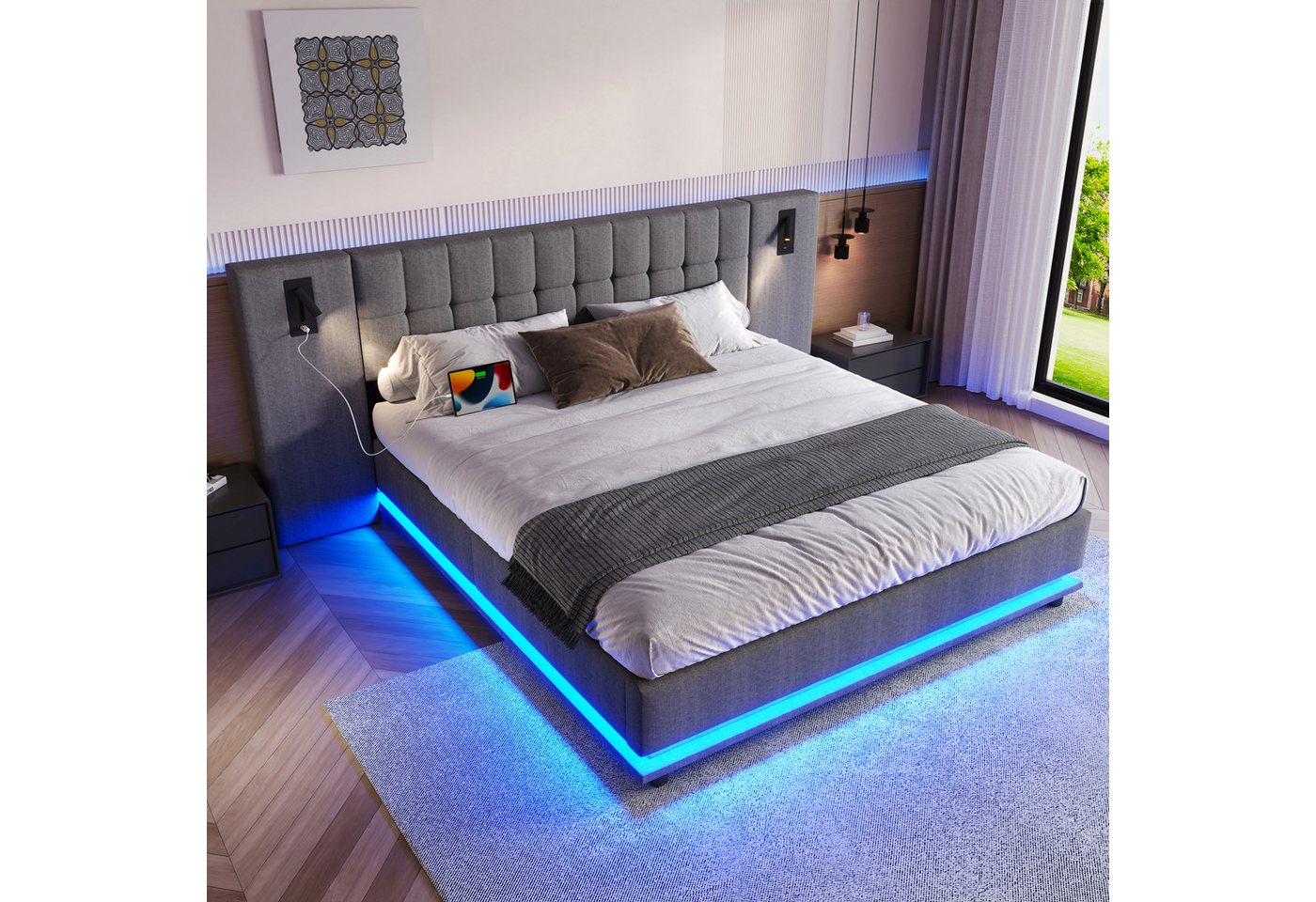 STILVORA Polsterbett 180×200 mit matratze,Bettgestell Stauraumbett Jugendbett mit bettkaste (mit LED-Beleuchtung, Kopfteil mit Spot, USB-Ladeanschluss, Leinenbezug, 180x200 cm), ohne Matratze von STILVORA