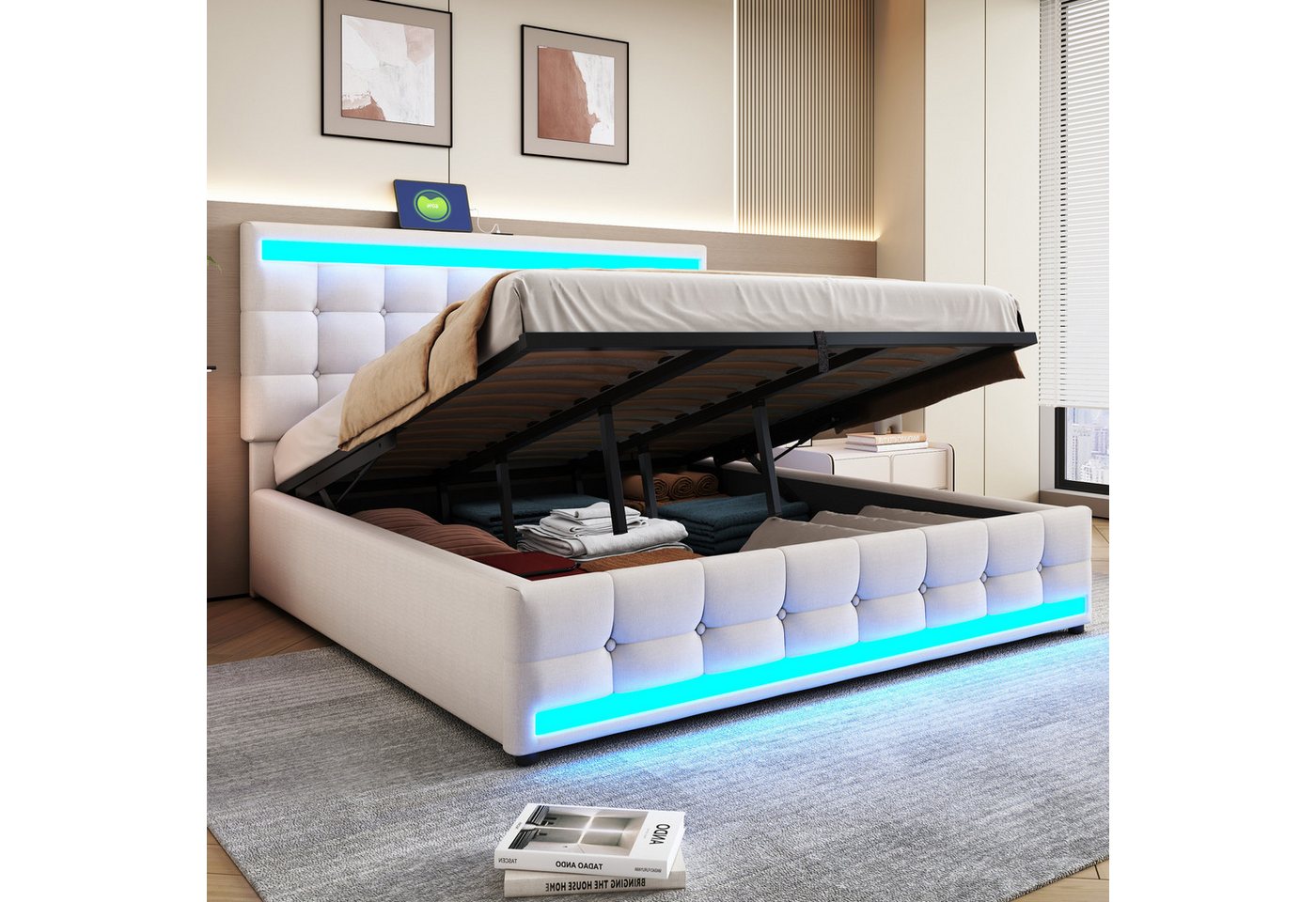 STILVORA Polsterbett 180×200 mit matratze&Stauraum,Kinderbett mit Lattenrost,Funktionbett (mit hydraulischem Stauraum, RGB-LED-Licht und USB-Anschlüssen, mit verstellbarem Kopfteil 180x200 cm), mit Matratze von STILVORA