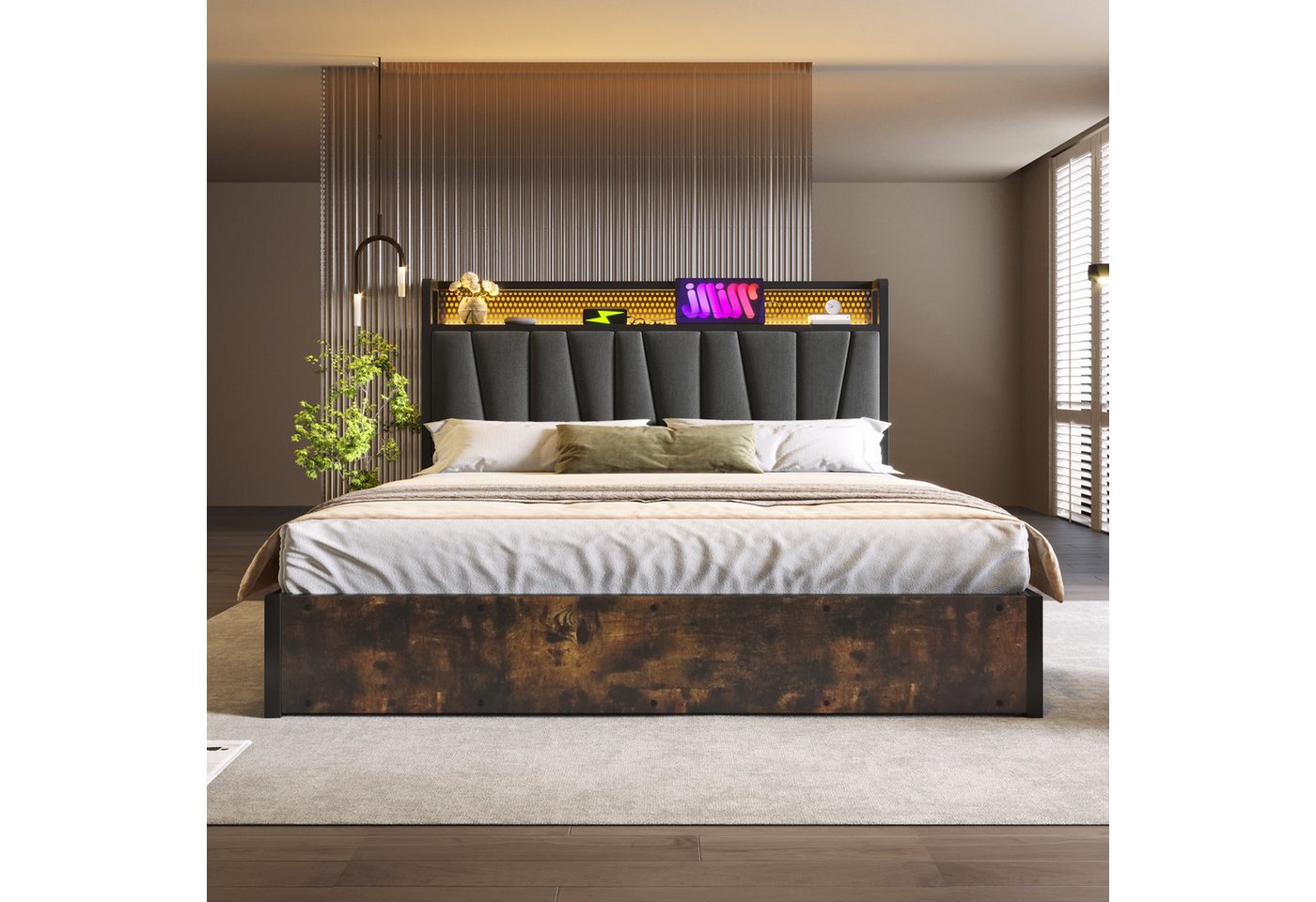 STILVORA Polsterbett 180×200cm Polsterbett Metallbett mit LED,Doppelbett mit USB (mit aufladen USB Ladefunktion Kopfteil und LED-Beleuchtung), 180 x 200 cm,mit Matratze von STILVORA