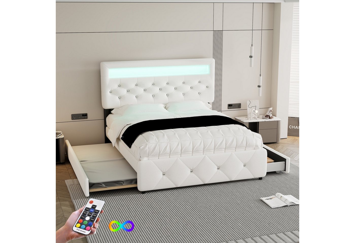 STILVORA Polsterbett 90/140×200 mit Matratze&LED,Jugendbett Bettgestell mit Ausziehbett (140*200cm (90*190cm), Nachttisch mit Lichtleiste), ohne Matratze von STILVORA