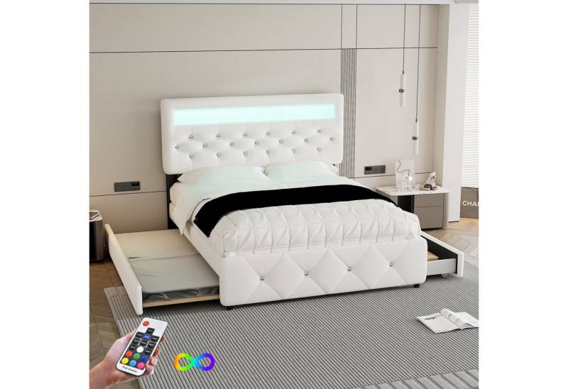 STILVORA Polsterbett 90/140×200 mit Matratze&LED,Jugendbett Bettgestell mit Ausziehbett (140*200cm (90*190cm), Nachttisch mit Lichtleiste), ohne Matratze von STILVORA