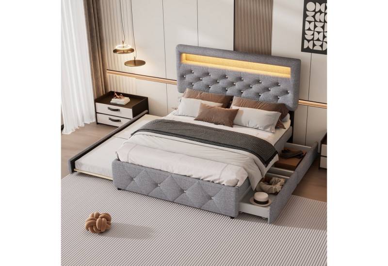 STILVORA Polsterbett 90/140×200 mit Matratze&LED,Jugendbett Bettgestell mit Ausziehbett (140*200cm (90*190cm), Nachttisch mit Lichtleiste), ohne Matratze von STILVORA