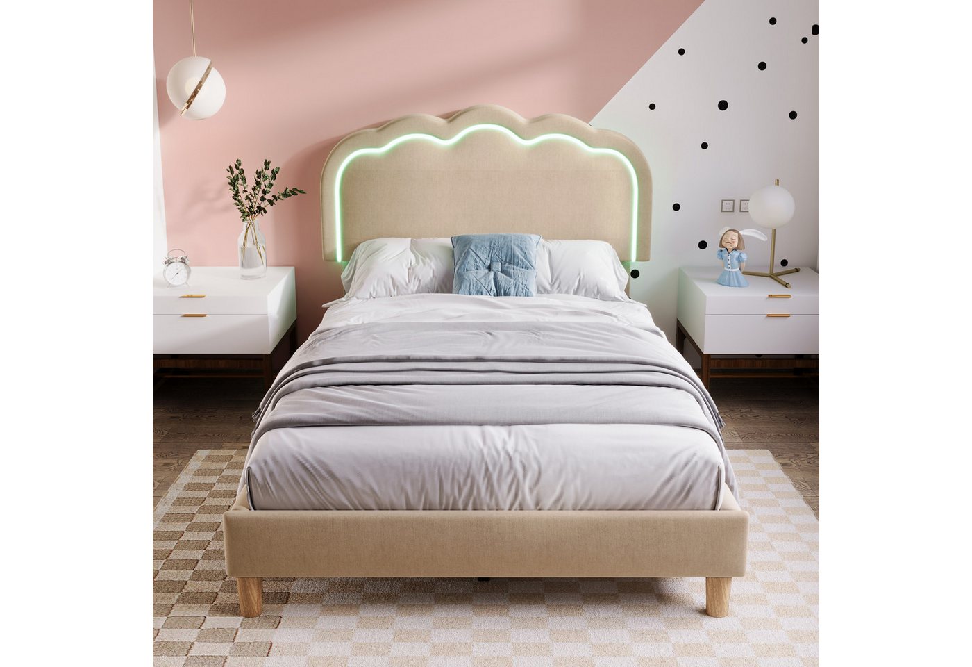 STILVORA Polsterbett 90×190 mit LED,Bettgestell Jugendbett mit verstellbares Kopfteil (mit Kopfteil in Blumenform und Lattenrost, 1-tlg., 90 x 190 cm Ohne Matratze), Hautfreundlichem Samtstoff von STILVORA
