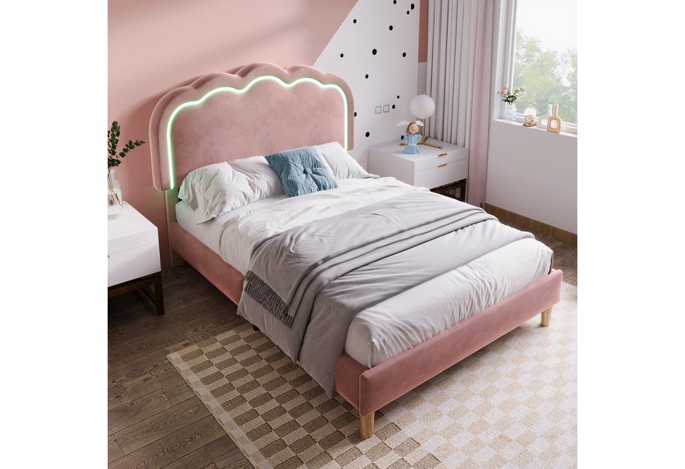 STILVORA Polsterbett 90×190 mit LED,Bettgestell Jugendbett mit verstellbares Kopfteil (mit Kopfteil in Blumenform und Lattenrost, 1-tlg., 90 x 190 cm Ohne Matratze), Hautfreundlichem Samtstoff von STILVORA