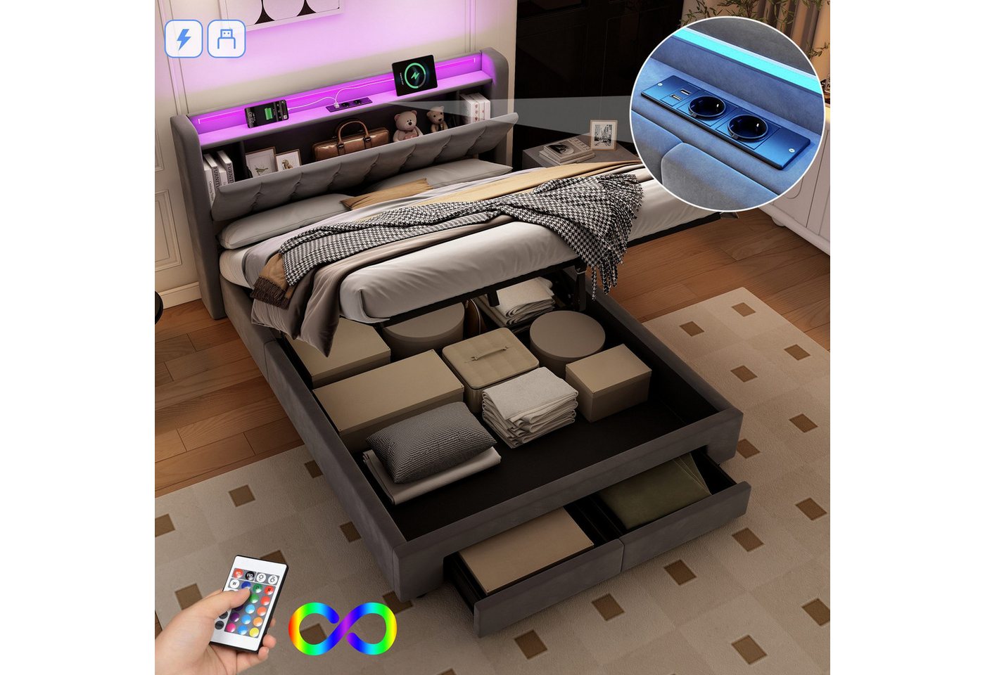 STILVORA Polsterbett 90×190 mit bettkasten,Bettgestelle Boxspringbett mit USB & LED-Licht (Funktionsbett mit Fernbedienung, Gepolsterter Rand, Samtstoff, Metallrahmen, Kompfort, Grau), Jugendbett ohne matratze, Stauraumbett für verschiedene Raumstile STILVORA Polsterbett 90×190 mit bettkasten,Bettgestelle Boxspringbett mit USB & LED-Licht (Funktionsbett mit Fernbedienung, Gepolsterter Rand, Samtstoff, Metallrahmen, Kompfort, Grau), Jugendbett ohne matratze, Stauraumbett für verschiedene Raumstile von STILVORA