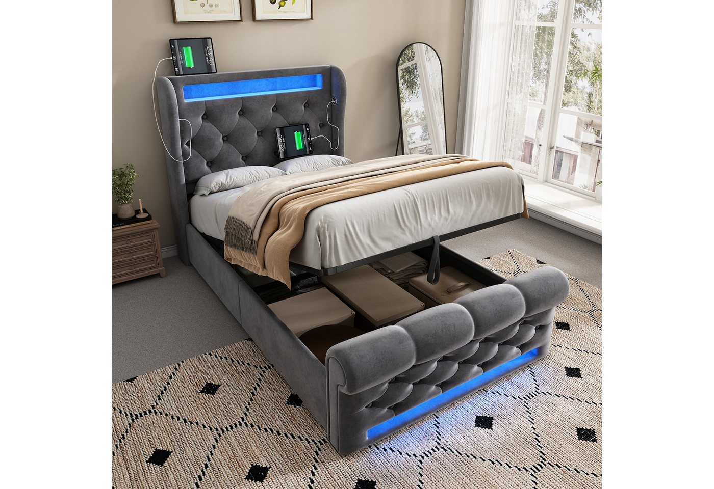 STILVORA Polsterbett 90x200 Einzelbett mit LED,Stauraumkopfteil,USB&TYPE-C,Mit Matratze (Funktionsbett, 90x200cm, ohne Matratze), mit USB- und Typ-C-Anschlüssen, LED-Leuchten von STILVORA