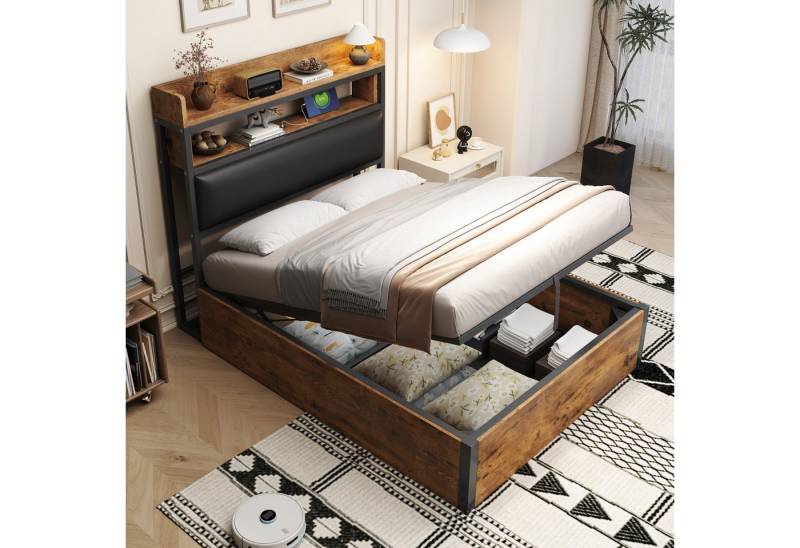 STILVORA Polsterbett 90×200 Funktionbett mit matratze,Holzbett Jugendbett mit Bettkasten (mit hydraulischem Stauraum, USB-Anschlüssen, gepolstertem Kopfteil und Retro-Design aus Holz & Metall, ideal für moderne Schlafzimmer und Apartments 90x200 cm), mit Matratze von STILVORA