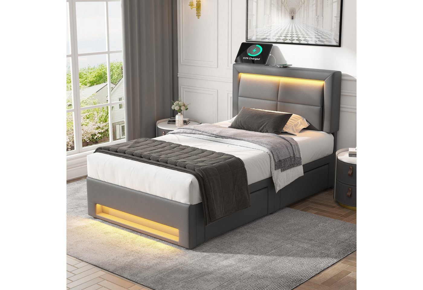 STILVORA Polsterbett 90x200 Funktionsbett Bettgestell mit USB & LED-Beleuchtung &Stauraum (mit Matratze) von STILVORA
