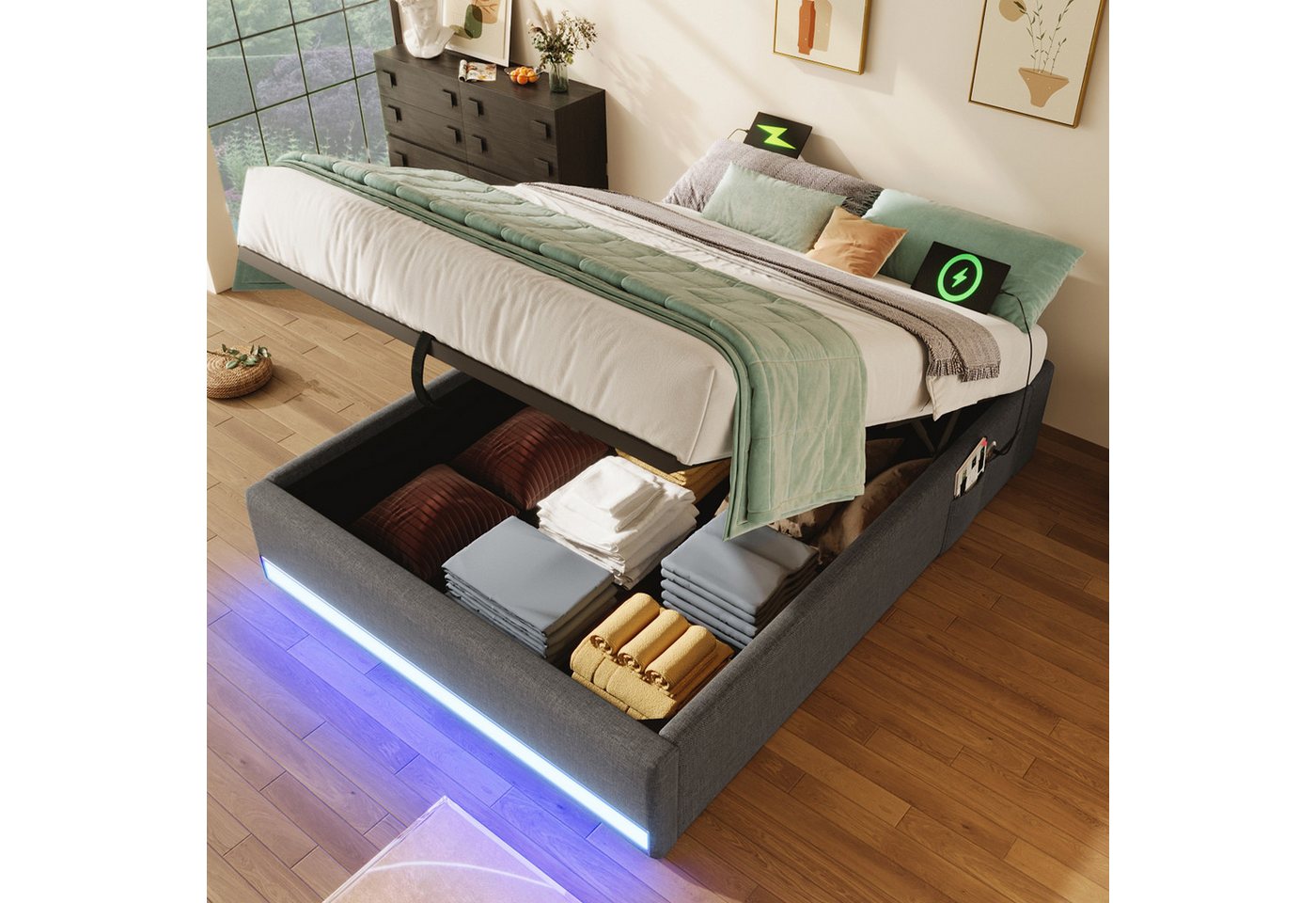 STILVORA Polsterbett 90×200 Jugendbett mit LED&USB,Einzelbett mit Stautasche&Matratze (mit LED-Fernbedienung & USB/Typ-C, Stauraum hydraulisch, 90x200 cm), ohne Matratze von STILVORA