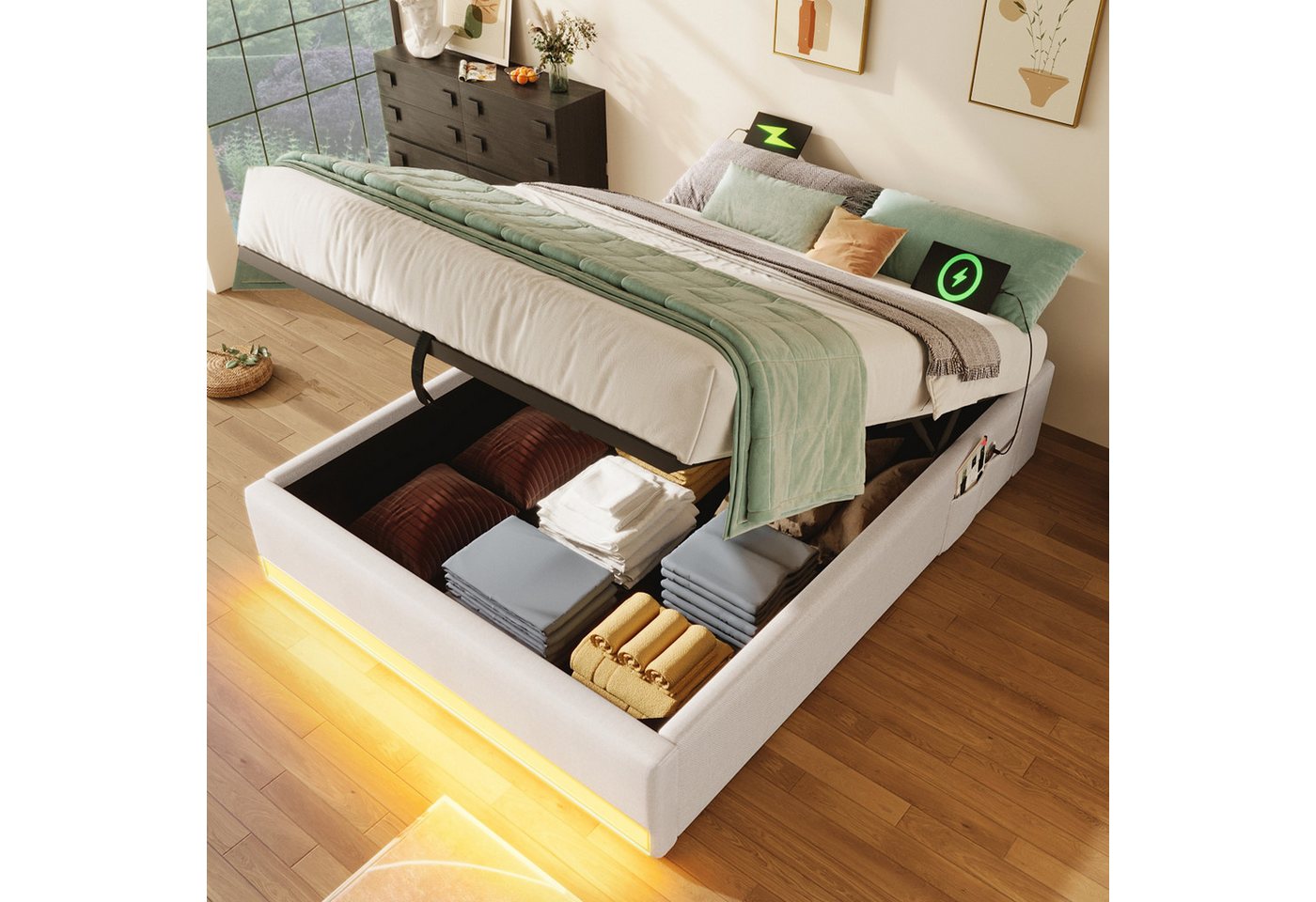 STILVORA Polsterbett 90×200 Jugendbett mit LED&USB,Einzelbett mit Stautasche&Matratze (mit LED-Fernbedienung & USB/Typ-C, Stauraum hydraulisch, 90x200 cm), ohne Matratze von STILVORA