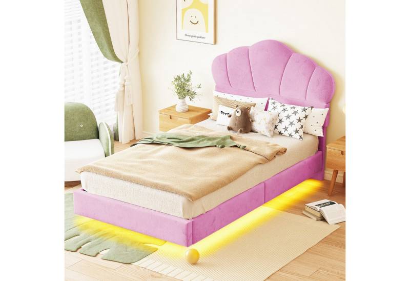 STILVORA Polsterbett 90×200 Kinderbett mit LED & Wolkenkopfteil,Jugendbett ohne Matratze (Verdecktes Fußteil-Design, Doppelbett Jugendbett, Samtstoff), 90x200 cm von STILVORA