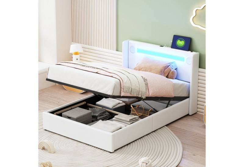 STILVORA Polsterbett 90x200 Kinderbett mit Matratze,Jugendbett mit LED & USB-Anschluss (Jugendbett mit Lattenrost 90x200 cm, Kunstleder-Aufbewahrungsbett, Hochbettkasten), mit Matratze von STILVORA