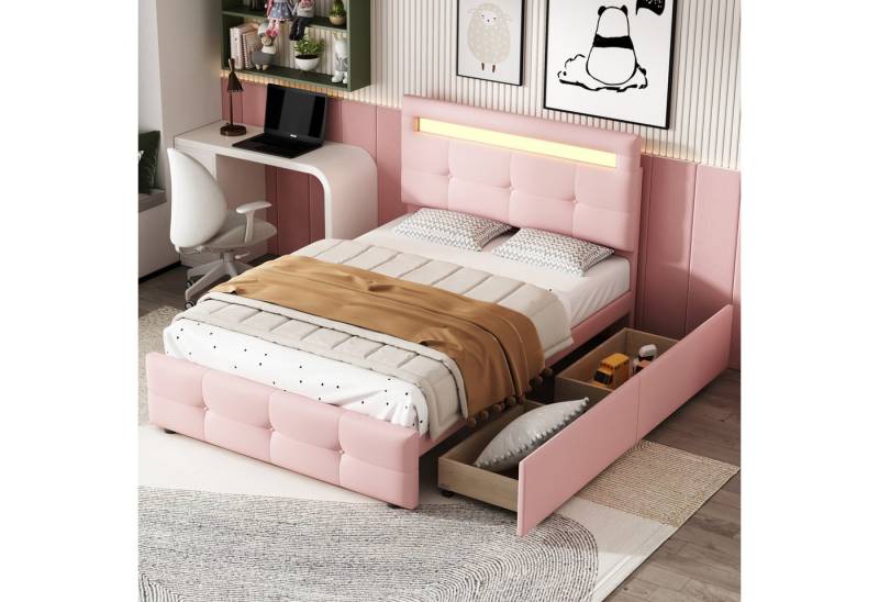 STILVORA Polsterbett 90x200 Kinderbett mit Stauraum und LED-Licht,Jugendbett ohne Matratze (mit LED-Leuchten, 2 Schubladen, hautfreundlicher Leinenpolsterung flach), Ohne Matratze von STILVORA