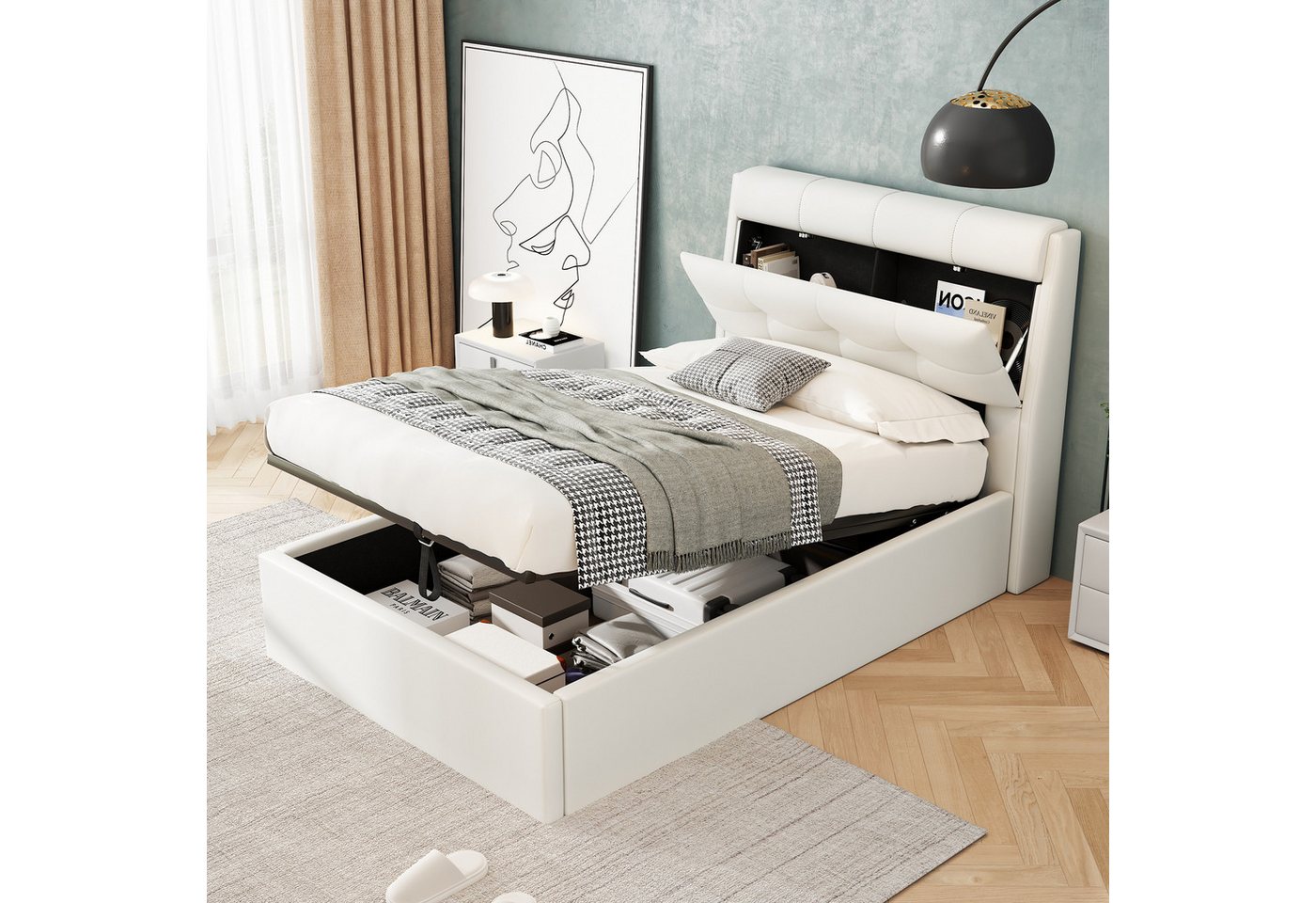 STILVORA Polsterbett 90×200 Polsterbett Funktionsbett mit verdeckt Kopfteilablage&Stauraum (Polsterbett mit Lattenrost, 90*200cm), mit verdeckte Kopfteilablage, Bettkastenablage von STILVORA