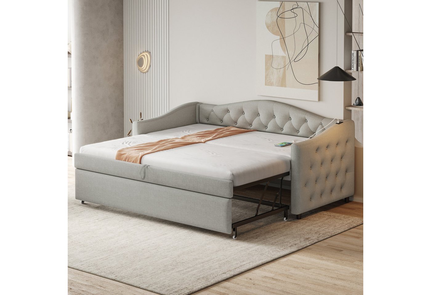 STILVORA Polsterbett 90×200 Schlafsofa mit Lattenrost,Bett-Gästebett ohne Matratze (Gästebett,Leinenstoff mit USB-Anschluss & klassischem Design, 90x200 cm), mit Matratze von STILVORA