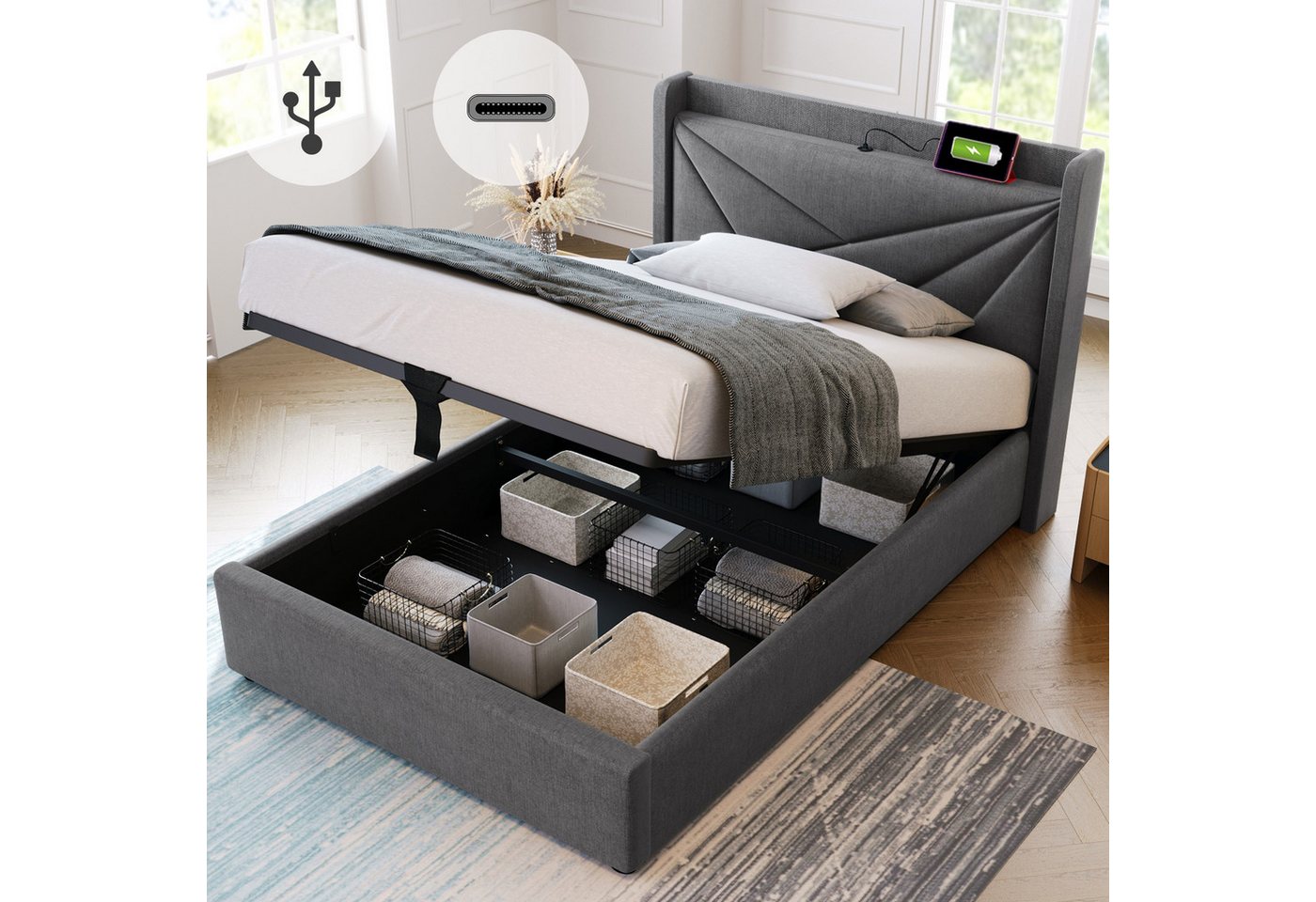STILVORA Polsterbett 90x200 Stauraumbett Jugendbett mit USB-C,Bettgestell mit Lattenrost (90x200 mit lattenrost, Ohne Matratze), Massivholz Stauraumbett mit USB/Typ-C Ladeanschluss von STILVORA
