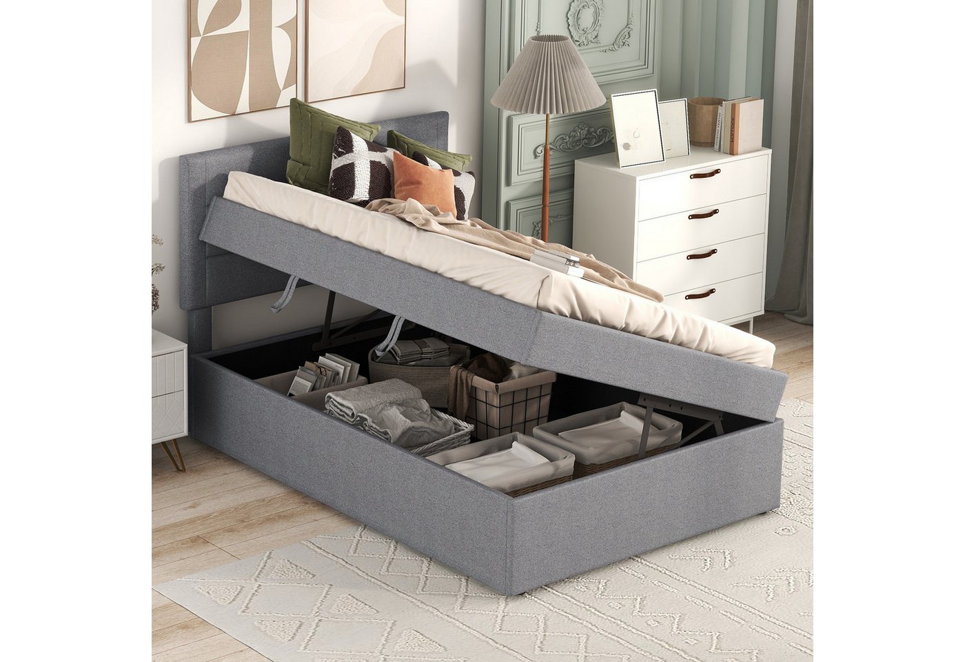 STILVORA Polsterbett 90x200 mit Bettkasten,Doppelbett mit matratze,Bett mit Lattenrost (Großer Stauraum, mit Lattenrost aus Metallrahmen 200x90cm), mit Lattenrost aus Metallrahmen von STILVORA