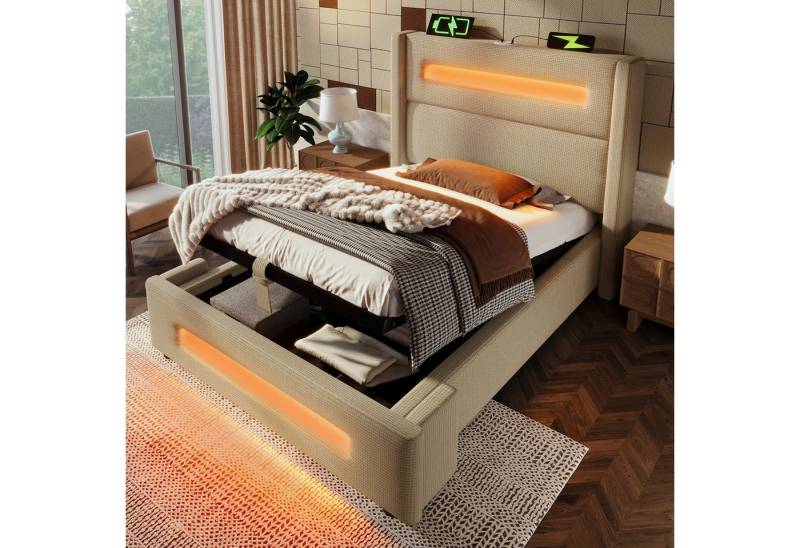 STILVORA Polsterbett 90x200 mit Bettkasten,Jugendbett mit LED und USB Type-C,ohne Matratze von STILVORA