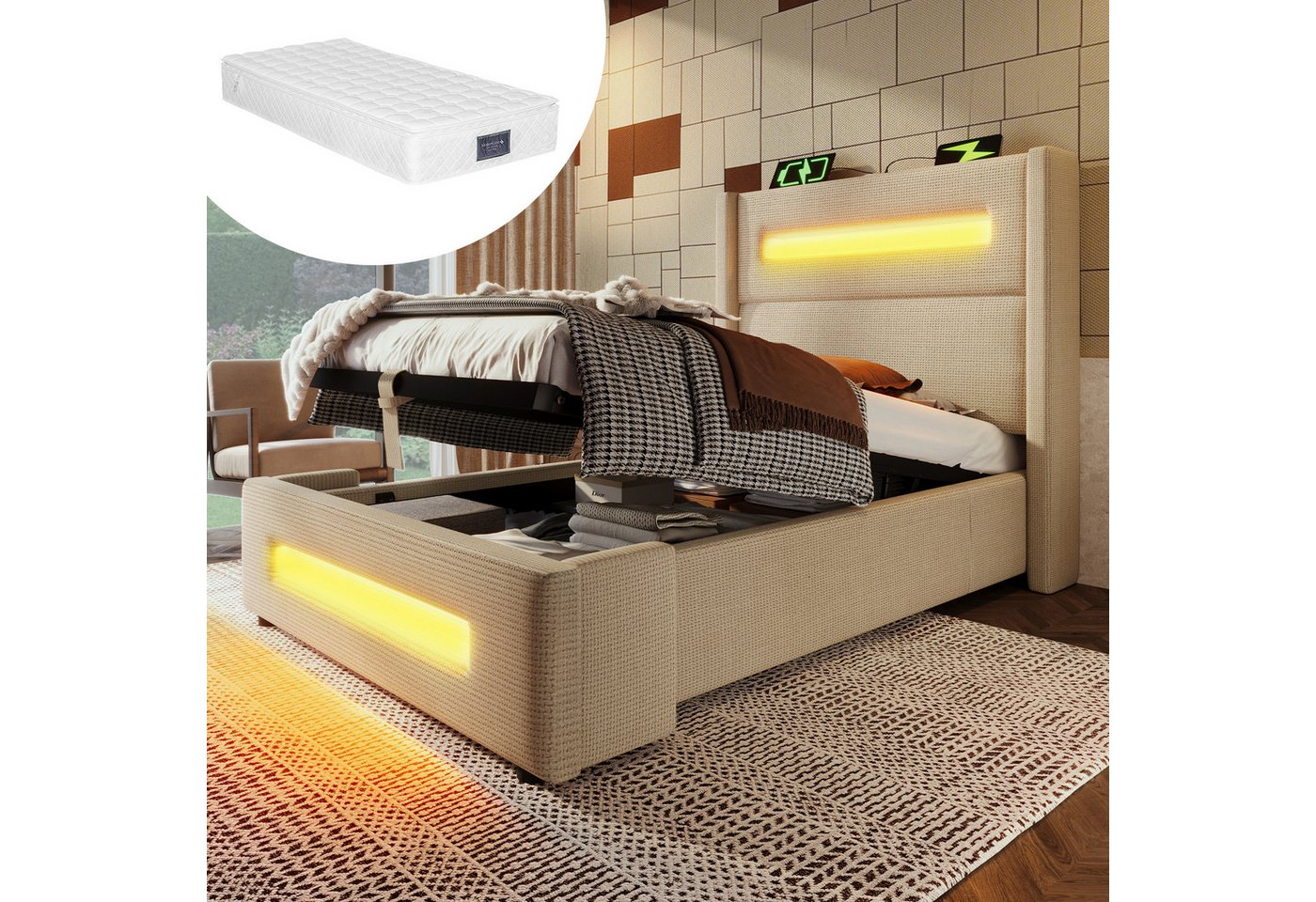 STILVORA Polsterbett 90x200 mit Bettkasten,Jugendbett mit LED und USB Type-C,ohne Matratze von STILVORA