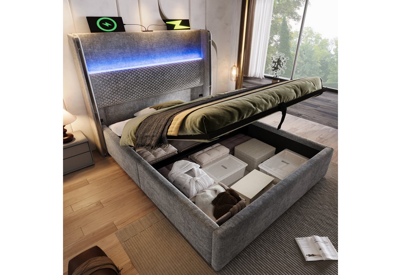 STILVORA Polsterbett 90x200 mit Bettkasten,Stauraumbett Bettgestell mit LED&USB+TYPE-C von STILVORA