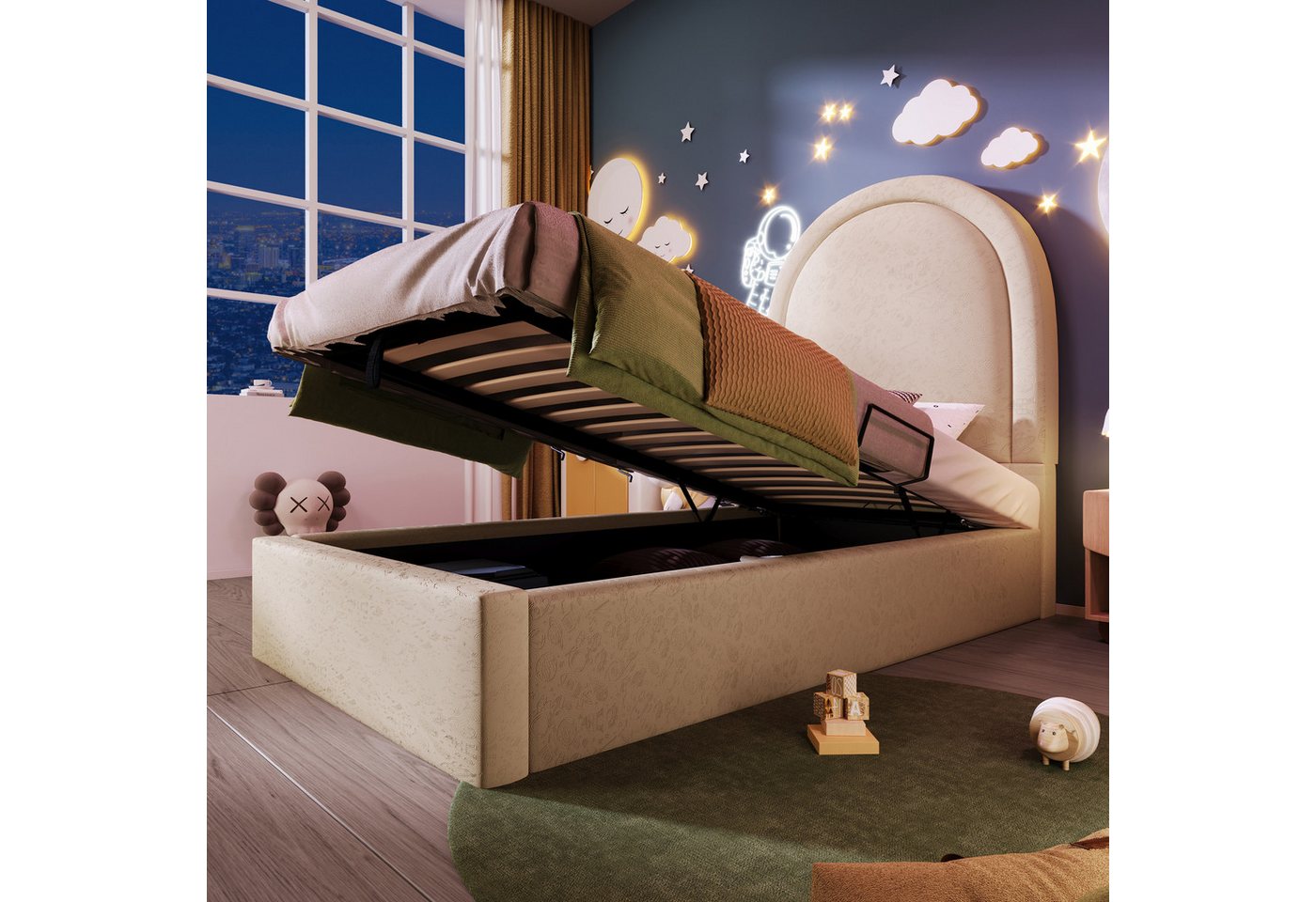 STILVORA Polsterbett 90×200 mit Bettkasten Kinderbett Bettgestell mit Stauraum&Lattenrost (Struraumbett, Funktionsbett, 1-tlg., 90 x 200 cm, ohne Matratze), mit kosmischem Muster, Halbkreisbogen-Design von STILVORA
