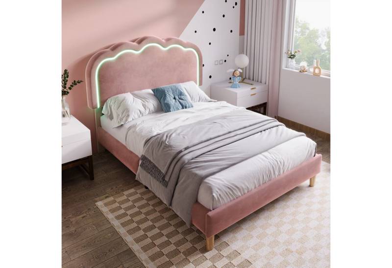 STILVORA Polsterbett 90×200 mit LED,Bettgestell Jugendbett mit verstellbares Kopfteil (mit Kopfteil in Blumenform und Lattenrost, 1-tlg), Hautfreundlichem Samtstoff von STILVORA