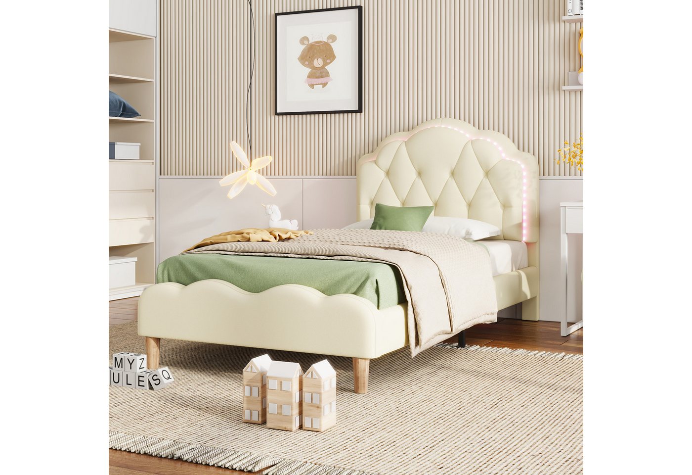 STILVORA Polsterbett 90x200 mit LED&Matratze,Kinderbett Jugendbett mit Wellenform-Kopfteil (Einzelbett mit mehrfarbigen, wechselnden LED-Streifen, Wellenförmiges Kopfteil mit Zugpunktleiste 90x200cm), ohne Matratze STILVORA Polsterbett 90x200 mit LED&Matratze,Kinderbett Jugendbett mit Wellenform-Kopfteil (Einzelbett mit mehrfarbigen, wechselnden LED-Streifen, Wellenförmiges Kopfteil mit Zugpunktleiste 90x200cm), ohne Matratze von STILVORA