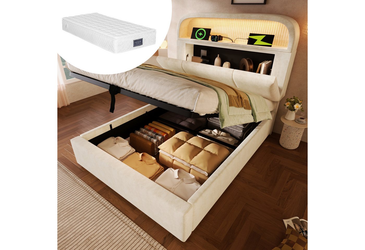 STILVORA Polsterbett 90x200 mit Matratze&Bettkasten,Stauraumbett Jugendbett mit LED&USB (2-tlg) von STILVORA