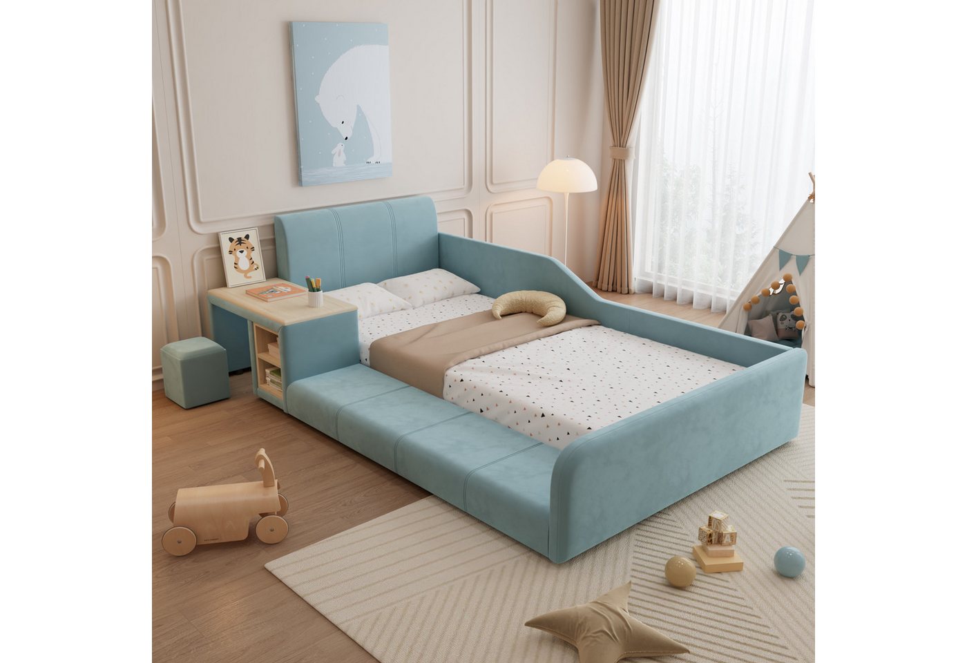 STILVORA Polsterbett 90x200 mit Matratze und Stauraum,Kinderbett Bettgestell mit Hocker (mit Schreibtisch, Hocker und Stauraum, Blau, Weiches Kopfteil, Robuste Holzlatten, für Schlaf- und Arbeitsbereich 90x200 cm), mit Matratze STILVORA Polsterbett 90x200 mit Matratze und Stauraum,Kinderbett Bettgestell mit Hocker (mit Schreibtisch, Hocker und Stauraum, Blau, Weiches Kopfteil, Robuste Holzlatten, für Schlaf- und Arbeitsbereich 90x200 cm), mit Matratze von STILVORA
