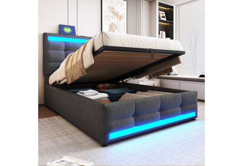 STILVORA Polsterbett 90×200 mit Stauraum,Kinderbett mit Lattenrost,Funktionbett mit USB (mit hydraulischem Stauraum, RGB-LED-Licht und USB-Anschlüssen, mit verstellbarem Kopfteil 90x200 cm), ohne Matratze von STILVORA