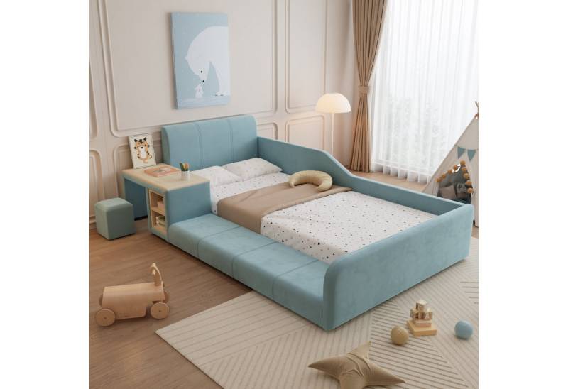 STILVORA Polsterbett 90x200 mit Stauraum,Kinderbett mit Tisch,Bettgestell mit Hocker (mit Schreibtisch, Hocker und Stauraum, Blau, Weiches Kopfteil, Robuste Holzlatten, für Schlaf- und Arbeitsbereich 90x200 cm), ohne Matratze von STILVORA