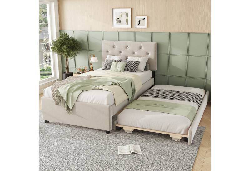 STILVORA Polsterbett 90x200 mit ausziehbett,Jengendbett Bettgestell mit Lattenrost,Beige (Polsterbett,mit Rollcontainer, Samtbezug, Minimalistisches Design, Multifunktional mit Lattenrost, 90x200cm), ohne Matratze von STILVORA