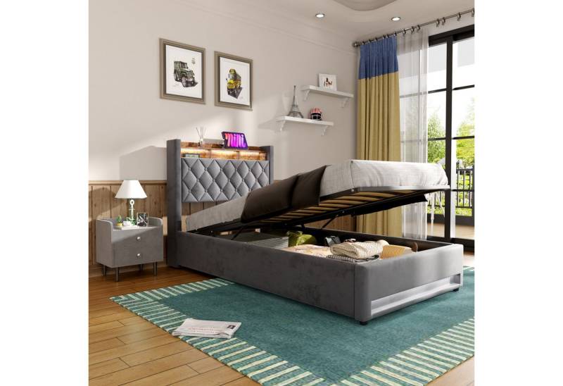 STILVORA Polsterbett 90×200 mit bettkasten,Boxspringbett mit Nachttisch USB & LED-Licht,gau (Funktionbett mit Hydraulikstange,Tragfähigkeit: 200kg, Strapazierfähig und schmutzabweisend,verschiedenen Farben,Metallrahmen), Bettgestell mit Lattenrost,Bequemer Samtstoff,ohne matratze von STILVORA