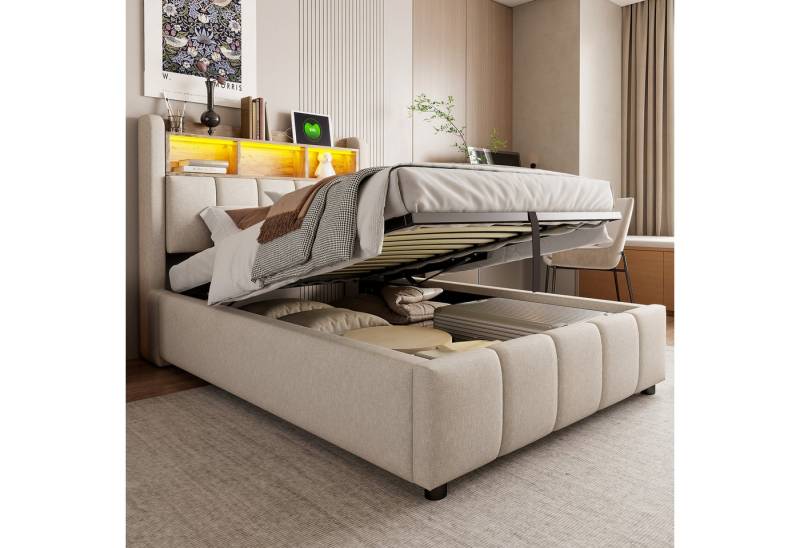 STILVORA Polsterbett 90×200 mit bettkasten,Funktionbett mit LED und USB,Stauraumbett (mit Kopfteil Einlegeböden, mit LED-Beleuchtung & USB-Anschluss, 90 x 200 cm), ohne Matratze von STILVORA