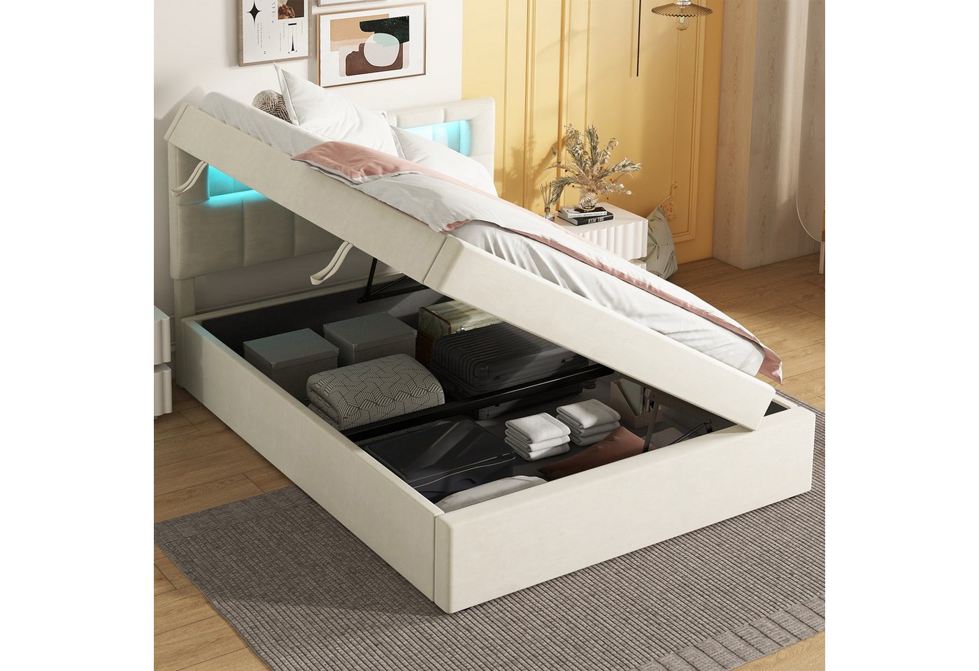 STILVORA Polsterbett 90×200 mit matratze,Bett mit bettkasten und vrstellbares Kopfteil,weiß (Ambientelicht über dem Bett, einseitig zu öffnen, Minimalistisches Design, 90x200 cm), mit Matratze von STILVORA