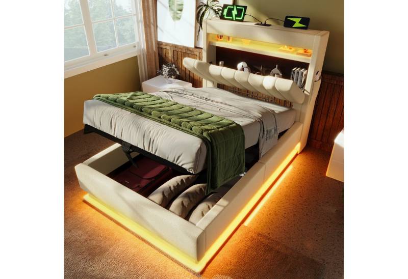 STILVORA Polsterbett 90x200 mit matratze und Bettkasten,Bettgestell mit USB/Typ und LED (Struraumbett, Funktionsbett, 90x200 cm, ohne Matratze, Beige), mit USB- und Typ-C-Anschlüssen, LED-Beleuchtung von STILVORA
