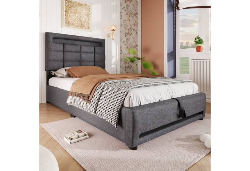STILVORA Polsterbett 90×200 mit matratze und bettkasten,Funktionsbett mit LED &USB (mit LED-Ambiente-Beleuchtung, USB-Anschluss & hydraulischem Stauraum – modernes Bett mit Leinenbezug, ideal für Jugendzimmer & Schlafzimmer 90x200 cm), Ohne Matratze von STILVORA