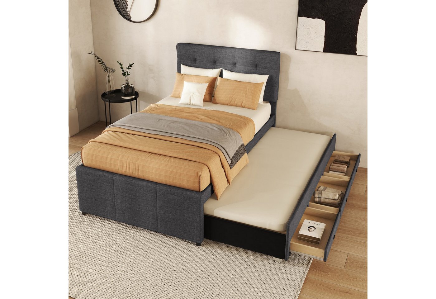 STILVORA Polsterbett 90x200 mit matratze und stauraum,Jungendbett mit ausziehbett (mit drei Schubladen, Verstellbares Kopfteil), mit Matratze von STILVORA