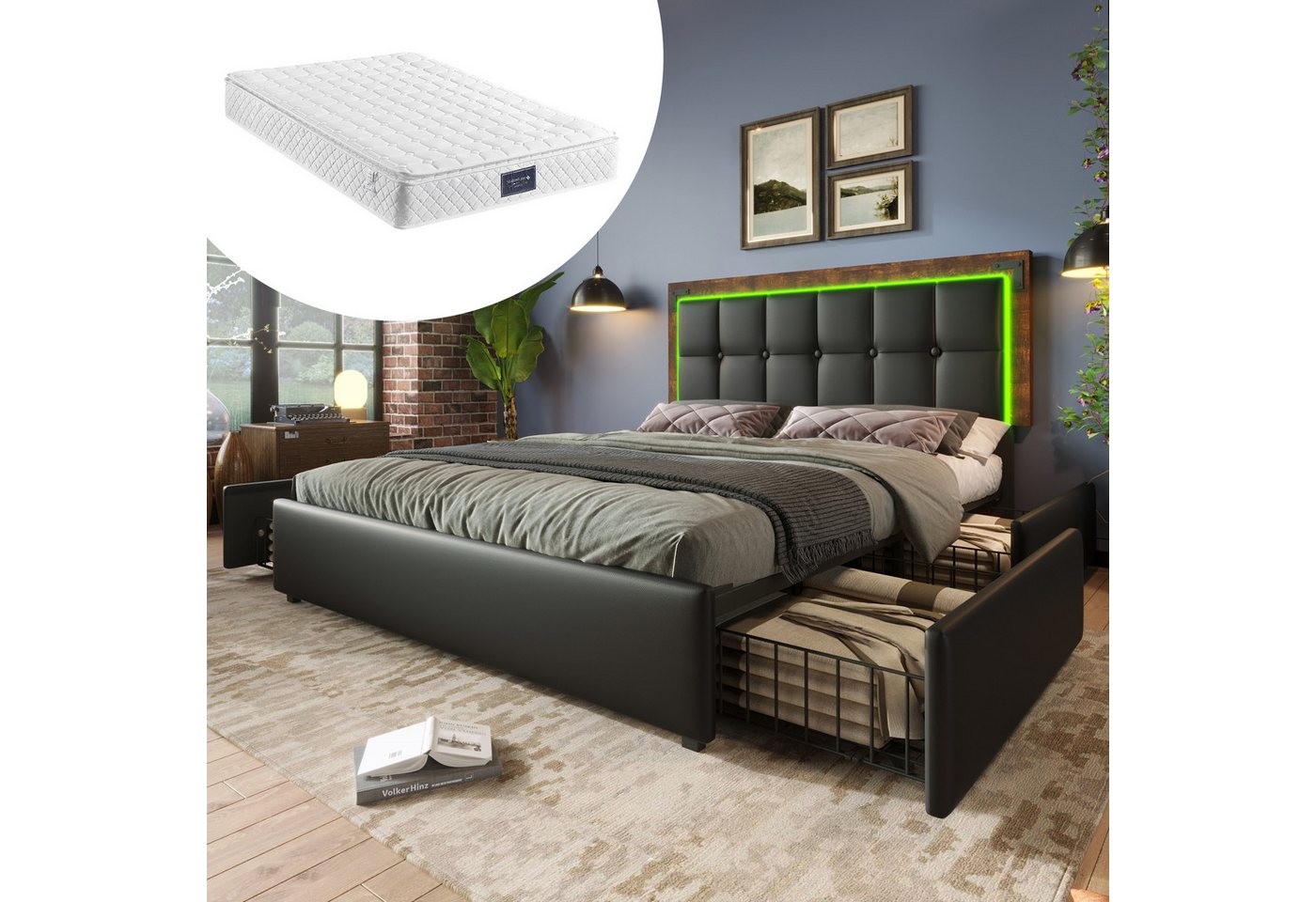 STILVORA Polsterbett Bettgestell 140x200 bett mit LED,Jugendbett verstellbarem Kopfteil (Ohne Matratze), schubladen von STILVORA