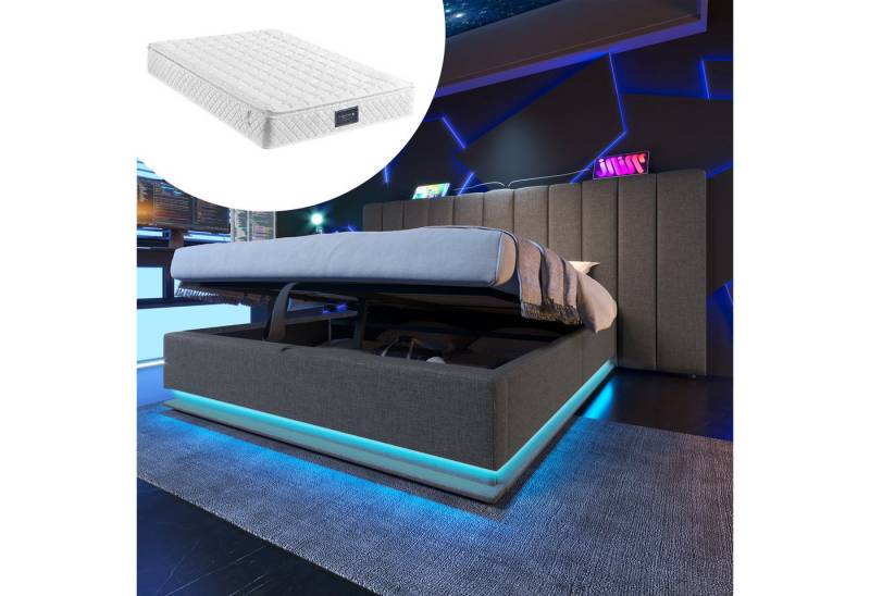 STILVORA Polsterbett Bettgestell 160×200 Funktionsbett Doppelbett mit App Control LED&USB-C (Doppelbett, Funktionsbett mit Bettkasten und Lattenrost, 2-tlg., 160×200cm, mit Matratze), mit App-Steuerung LED und USB-C Ladefunktion von STILVORA