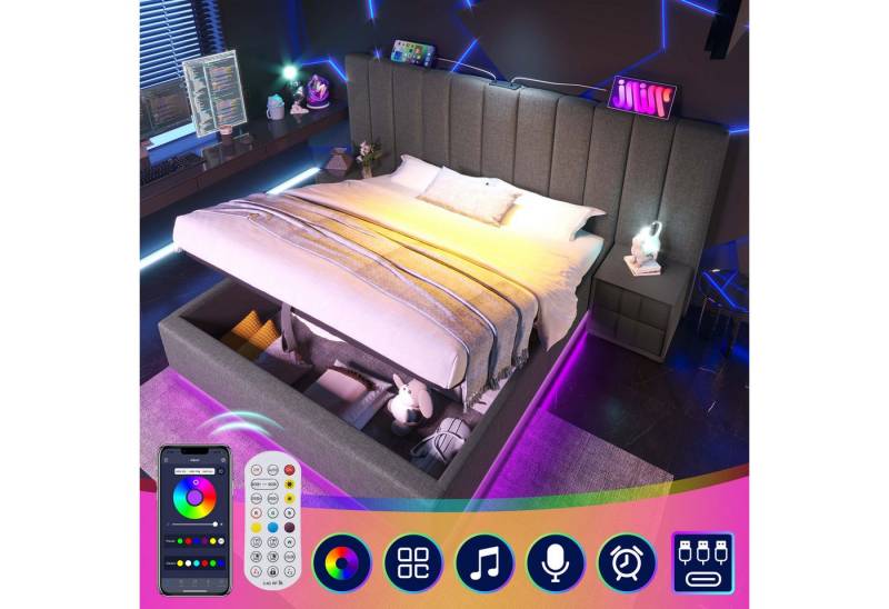 STILVORA Polsterbett Bettgestell 180×200 Funktionsbett Doppelbett mit App Control LED&USB-C (Doppelbett, Funktionsbett mit Bettkasten und Lattenrost, 1-tlg., 180×200cm, mit Matratze), mit App-Steuerung LED und USB-C Ladefunktion von STILVORA