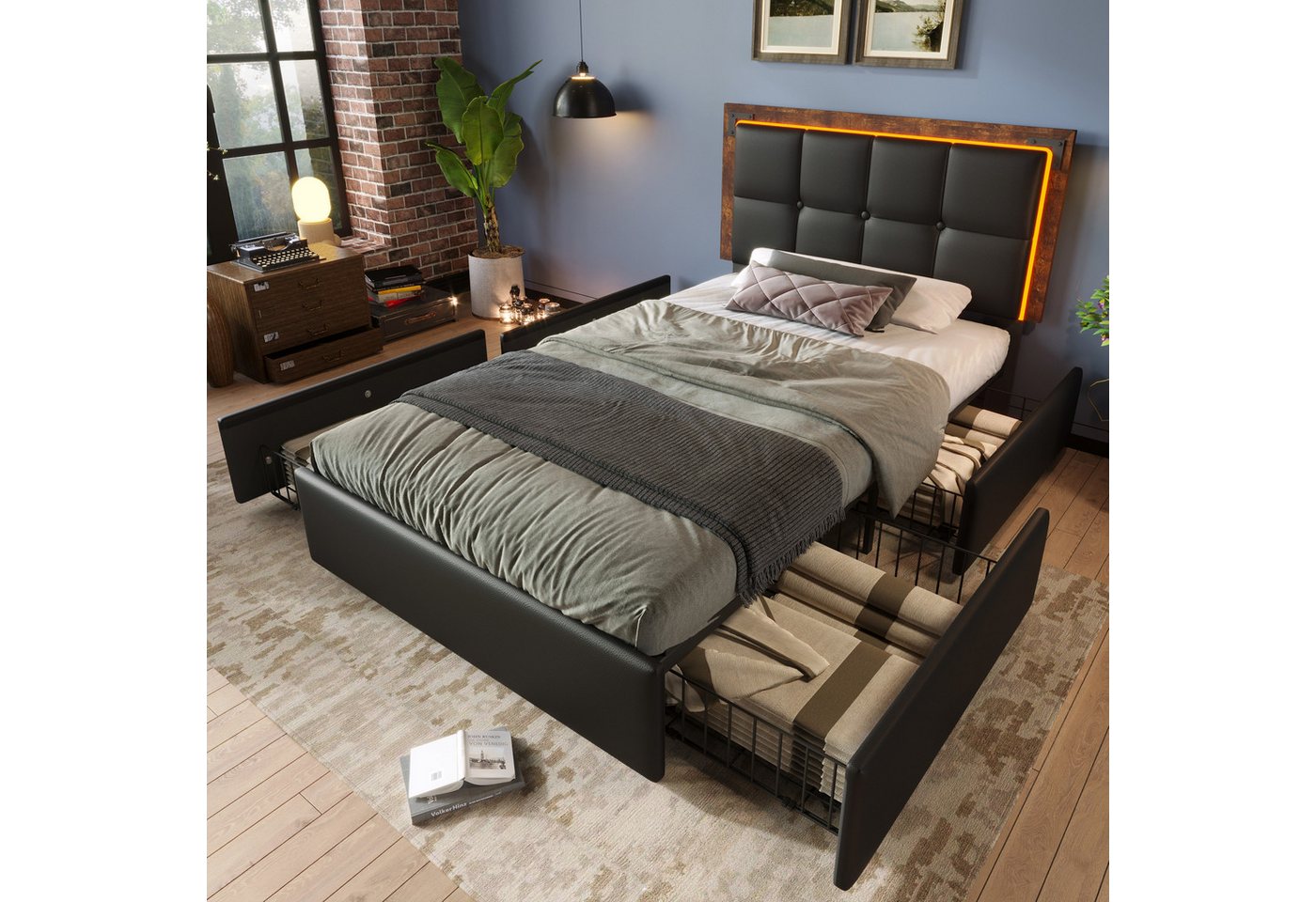 STILVORA Polsterbett Bettgestell 90x200 bett mit LED,Jugendbett verstellbarem Kopfteil (Ohne Matratze), schubladen von STILVORA