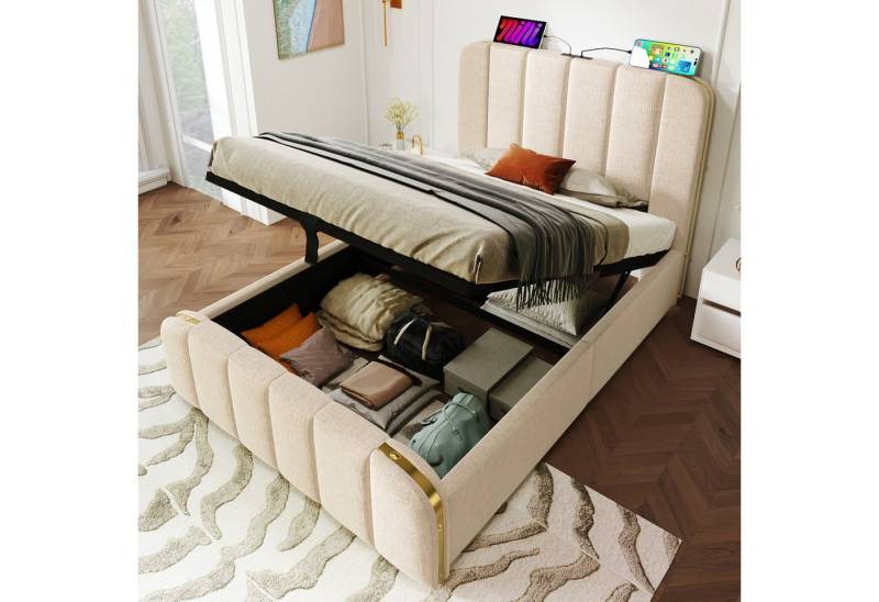 STILVORA Polsterbett Bettgestell 90×200 gepolstertes Kopfteil Jugendbett mit Stauraum,USB-C (Beige Leinen-Material Hydraulisches Lagerbett, 1-tlg., 90*200 cm, ohne Matratze), mit USB- und Typ-C-Ladeanschluss in der Mitte des Kopfteils von STILVORA