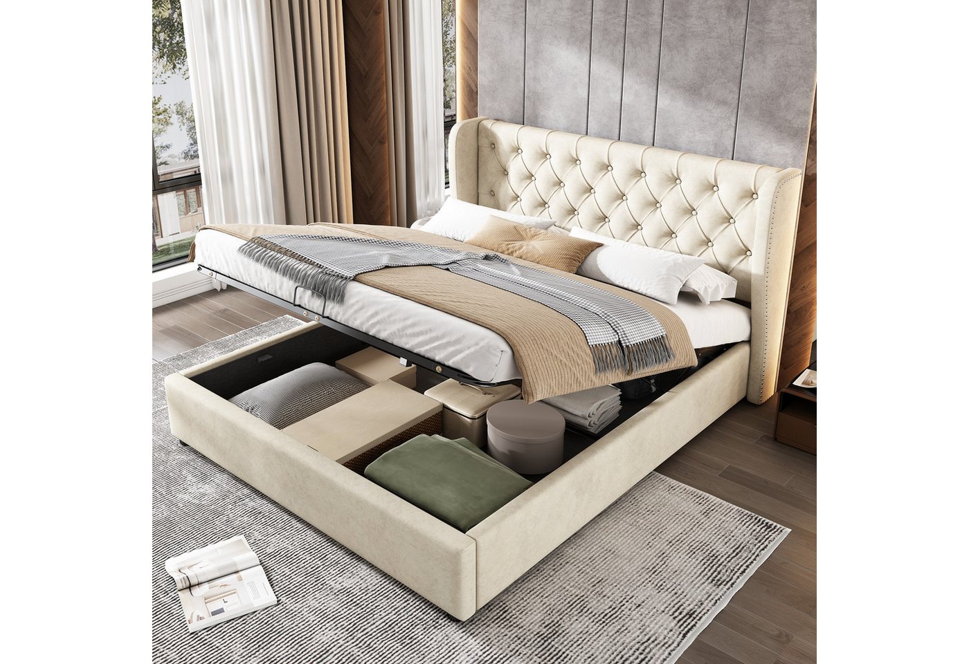 STILVORA Polsterbett Doppelbett 140×200 mit Bettkasten,Hydraulisches Bett mit Stauraum (Beige), Kiefernholz Flanell 140*200cm Mit Matratze von STILVORA