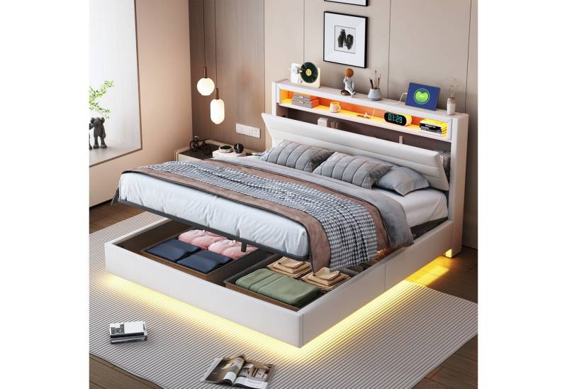 STILVORA Polsterbett Doppelbett 140x200cm Jugendbett Bettgestell mit USB-Steckdose & LED (Multifunktionales Polsterbett,mit USB-Steckdose & LED-Beleuchtung, Hydraulischer Stauraum., 140x200 cm), Ohne Matratze von STILVORA