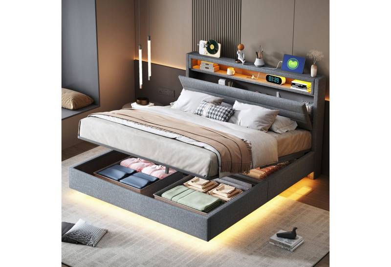 STILVORA Polsterbett Doppelbett 140x200cm Jugendbett Bettgestell mit USB-Steckdose & LED (Multifunktionales Polsterbett,mit USB-Steckdose & LED-Beleuchtung, Hydraulischer Stauraum., 140x200 cm), Ohne Matratze von STILVORA